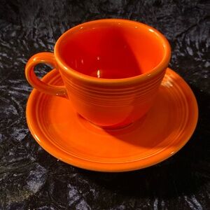 Fiesta Ware Homer Laughlin Cup & Saucer Orange Pottery Cup Double Marked